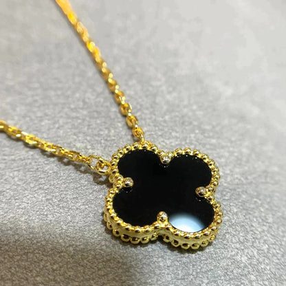 [Dawnora Jewelry]CLOVER 15MM BLACK ONYX SINGLE FLOWER NECKLACE