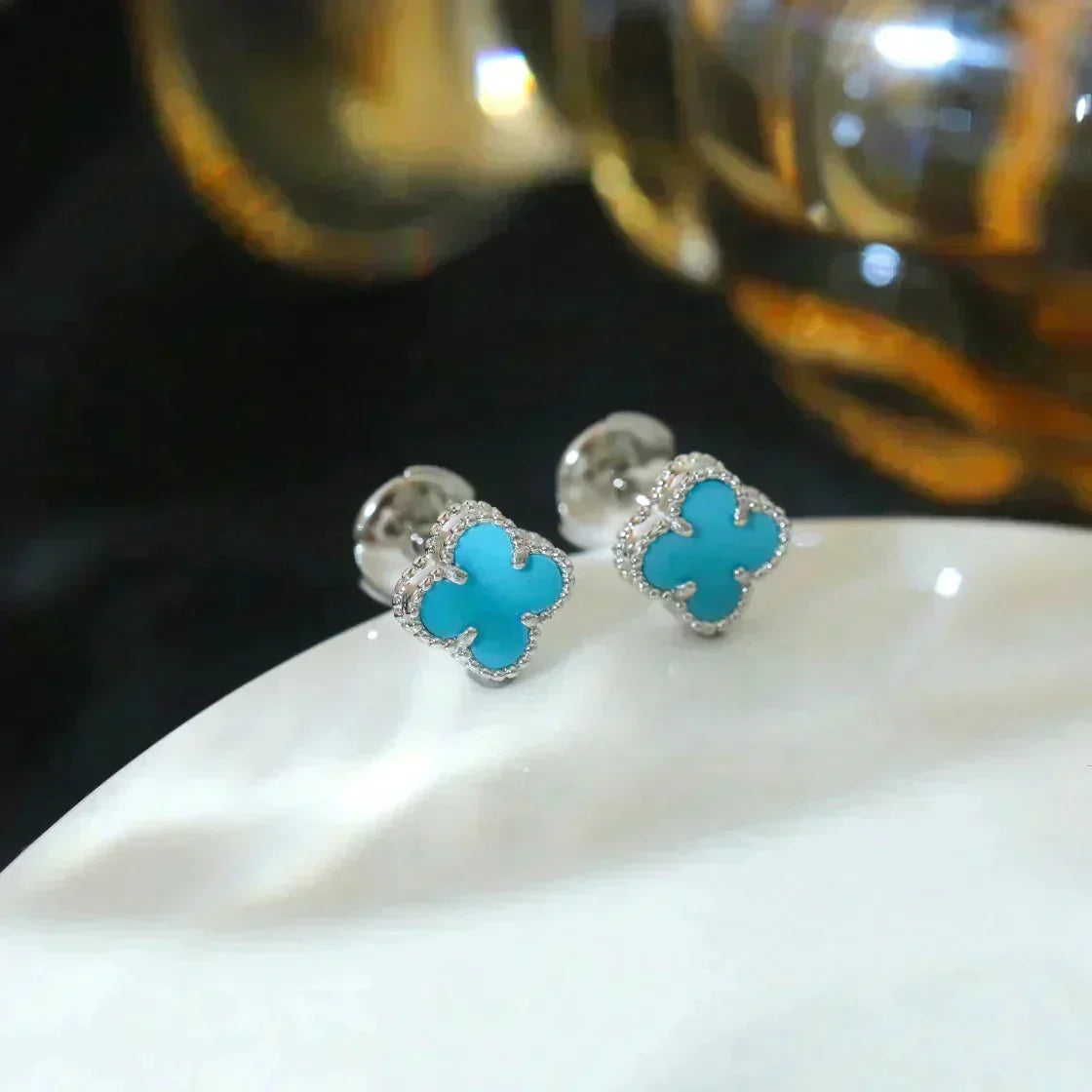 [Dawnora Jewelry]CLOVER MINI 9.5MM ONYX STUD EARRINGS SILVER