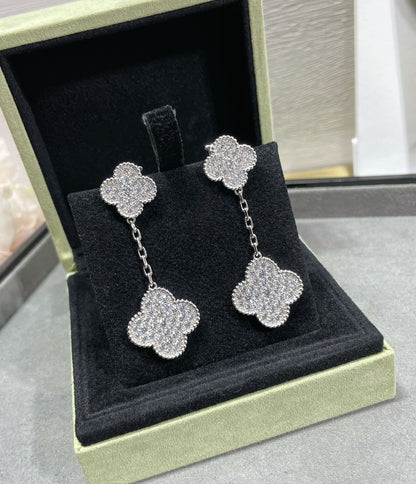 [Dawnora Jewelry]CLOVER 2 MOTIFS DIAMOND PAVED SILVER EARRINGS