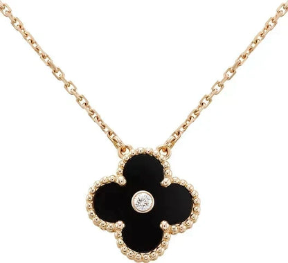 [Dawnora Jewelry]CLOVER 15MM DIAMOND ONYX NECKLACE