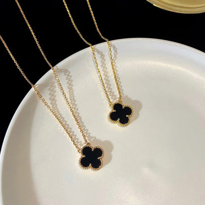 [Dawnora Jewelry]CLOVER 15MM BLACK ONYX SINGLE FLOWER NECKLACE