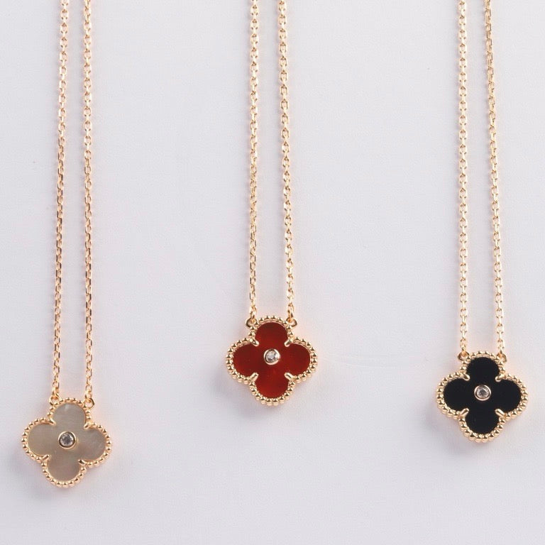 [Dawnora Jewelry]CLOVER 15MM DIAMOND CARNELIAN NECKLACE