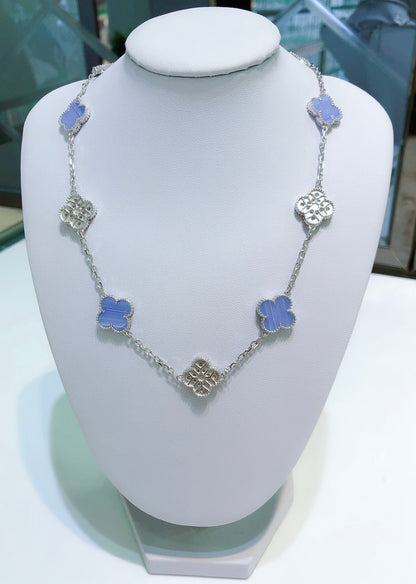 [Dawnora Jewelry]CLOVER 10 MOTIFS CHALCEDONY DIAMONDS SILVER NECKLACE