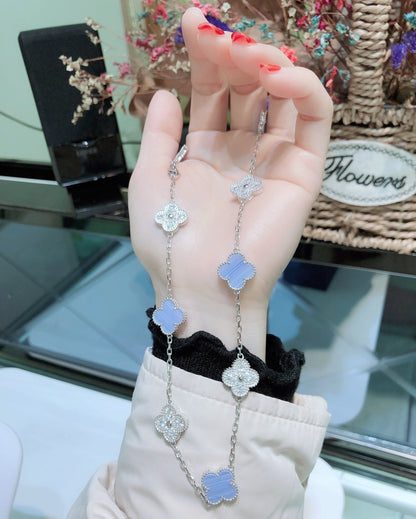 [Dawnora Jewelry]CLOVER 10 MOTIFS CHALCEDONY DIAMONDS SILVER NECKLACE